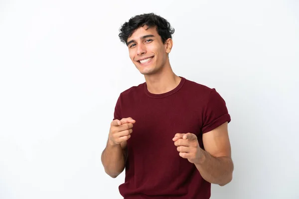 Young Argentinian Man Isolated White Background Surprised Pointing Front — Stock Photo, Image