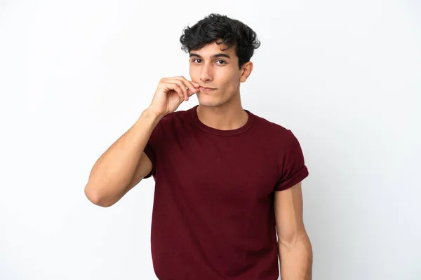 Young Argentinian Man Isolated White Background Showing Sign Silence Gesture — Stock Photo, Image
