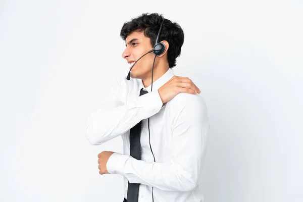 Telemarketer Człowiek Pracuje Zestawu Słuchawkowego Izolowane Białym Tle Cierpiących Powodu — Zdjęcie stockowe