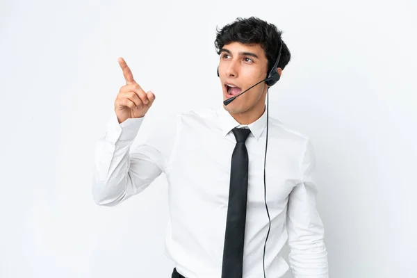 Telemarketer Man Working Headset Isolated White Background Pointing Away — Stock Photo, Image