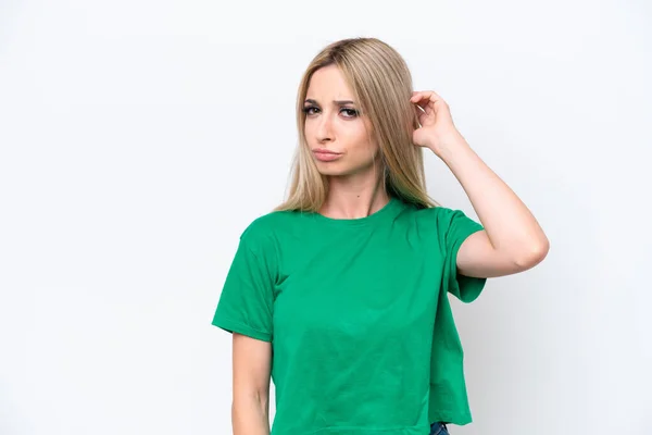 Pretty Blonde Woman Isolated White Background Having Doubts — Stok fotoğraf