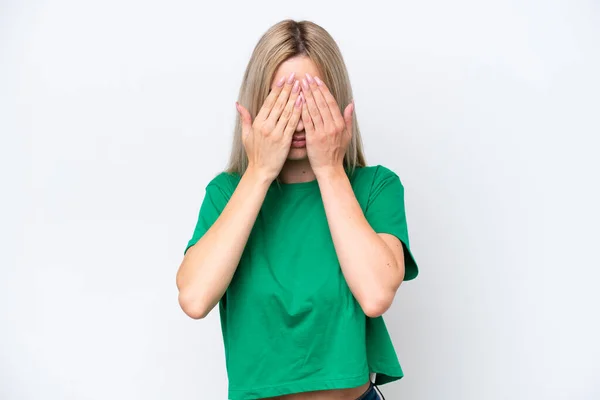 Pretty Blonde Woman Isolated White Background Covering Eyes Hands — Stock fotografie