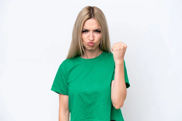 Pretty Blonde Woman Isolated White Background Unhappy Expression — Φωτογραφία Αρχείου