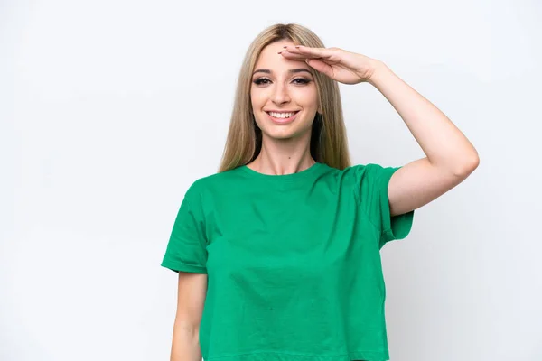 Pretty Blonde Woman Isolated White Background Saluting Hand Happy Expression — Stok fotoğraf