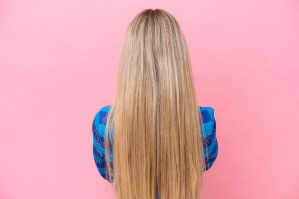 Pretty Blonde Woman Isolated Pink Background Back Position — Φωτογραφία Αρχείου