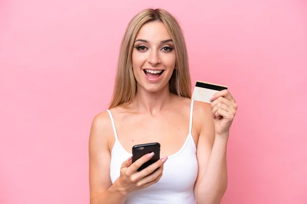 Pretty Blonde Woman Isolated Pink Background Buying Mobile Holding Credit — Stock Photo, Image