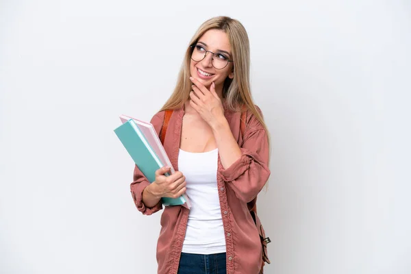 Pretty Student Blonde Woman Isolated White Background Looking While Smiling — Stock Photo, Image
