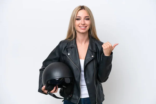 Pretty Blonde Woman Motorcycle Helmet Isolated White Background Pointing Side — Φωτογραφία Αρχείου