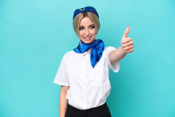 Vliegtuig Blonde Stewardess Vrouw Geïsoleerd Blauwe Achtergrond Geven Van Een — Stockfoto