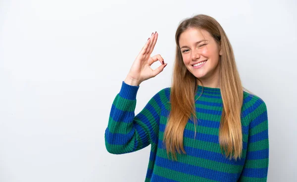Mladá Běloška Žena Izolované Bílém Pozadí Ukazující Znamení Prsty — Stock fotografie
