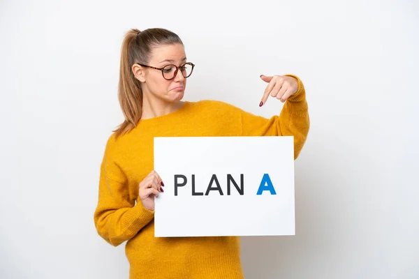 Young Caucasian Woman Isolated White Background Holding Placard Message Plan — Photo