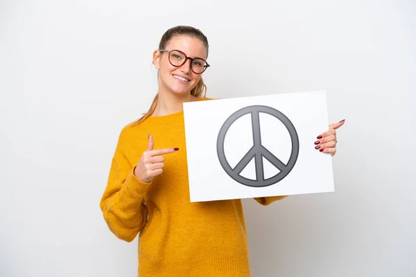 Young Caucasian Woman Isolated White Background Holding Placard Peace Symbol — Foto de Stock
