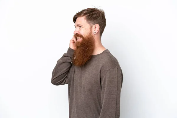 Redhead Man Beard Isolated White Background Keeping Conversation Mobile Phone — Foto de Stock