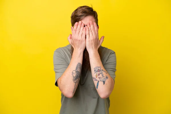 Redhead Man Beard Isolated Yellow Background Covering Eyes Hands — Stock Photo, Image