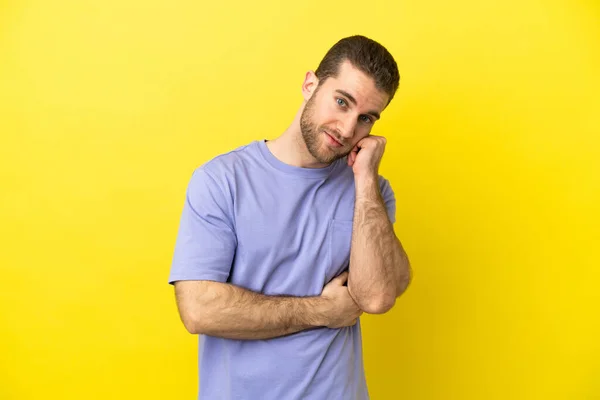 Handsome Blonde Man Isolated Yellow Background Tired Bored Expression — Stock Photo, Image