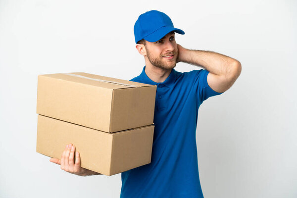 Delivery man over isolated white background having doubts