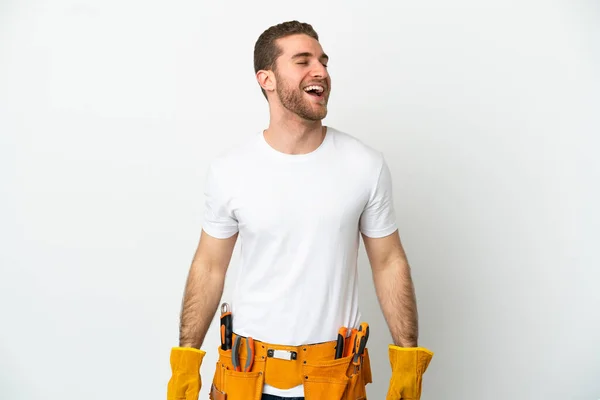 Young Electrician Man Isolated White Wall Laughing — Stock Photo, Image