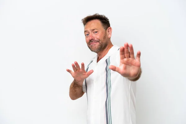 Middle Age Caucasian Man Isolated White Background Nervous Stretching Hands — Fotografia de Stock