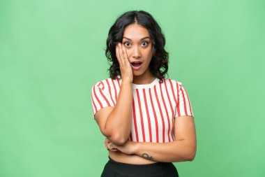 Arjantinli genç bir kadın izole edilmiş arka planda şaşırmış ve şok olmuştu.