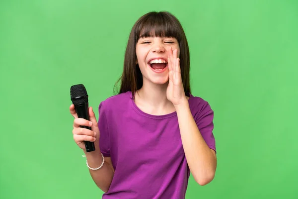 Little Singer Girl Picking Microphone Isolated Background Shouting Mouth Wide — Stock Photo, Image