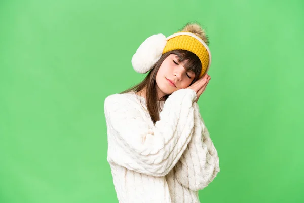 Little Caucasian Girl Wearing Winter Muffs Isolated Background Making Sleep — Stock Photo, Image