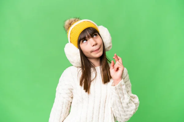 Pequena Menina Caucasiana Vestindo Regalos Inverno Sobre Fundo Isolado Com — Fotografia de Stock