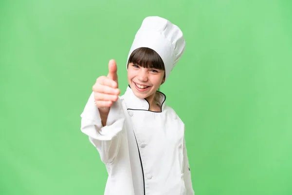 Piccola Ragazza Chef Caucasico Sfondo Isolato Stringendo Mani Chiusura Buon — Foto Stock
