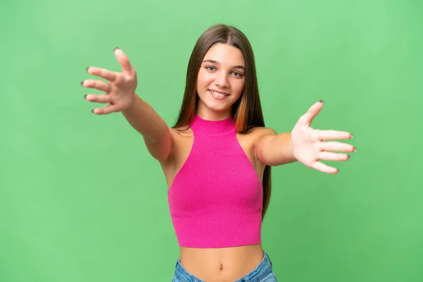 Tiener Kaukasisch Meisje Geïsoleerde Achtergrond Presenteren Uitnodigen Komen Met Hand — Stockfoto