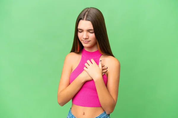 Adolescente Caucasiano Menina Sobre Fundo Isolado Ter Uma Dor Coração — Fotografia de Stock
