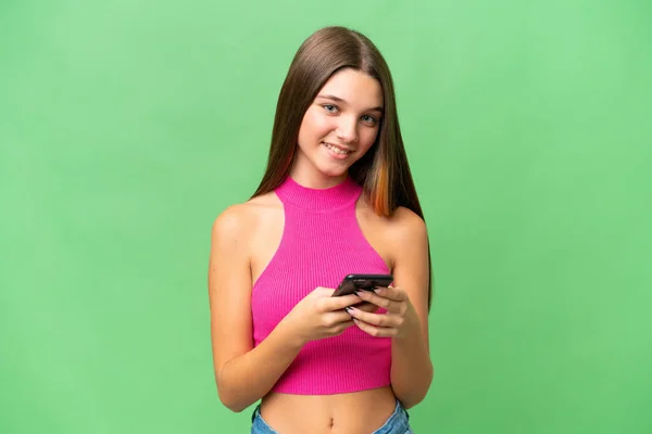 Adolescent Caucasien Fille Sur Isolé Fond Envoyer Message Avec Mobile — Photo