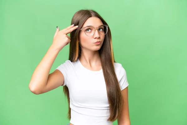 Teenager Caucasian Girl Isolated Background Problems Making Suicide Gesture — Stock Photo, Image