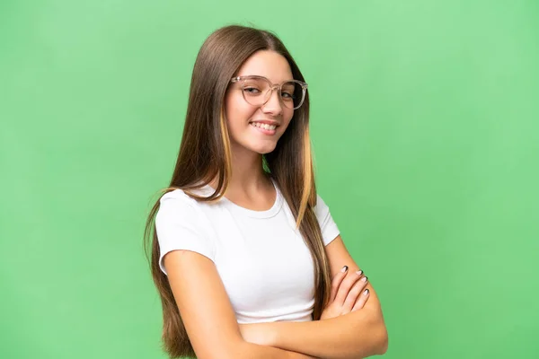 Adolescente Caucasiano Menina Sobre Isolado Fundo Com Braços Cruzados Olhando — Fotografia de Stock