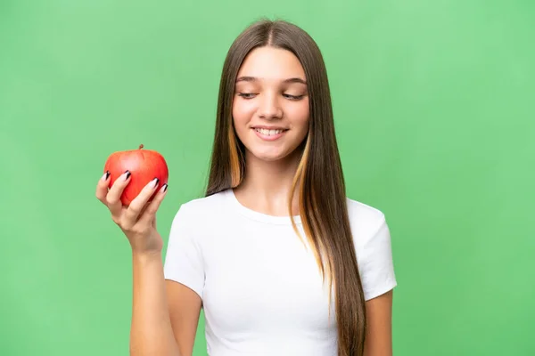 Teenager Běloška Dívka Drží Jablko Nad Izolovaným Pozadím Šťastným Výrazem — Stock fotografie