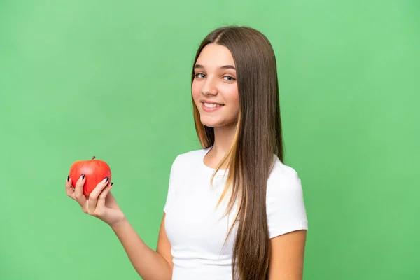 Teenager Běloška Dívka Drží Jablko Přes Izolované Pozadí Úsměvem Hodně — Stock fotografie