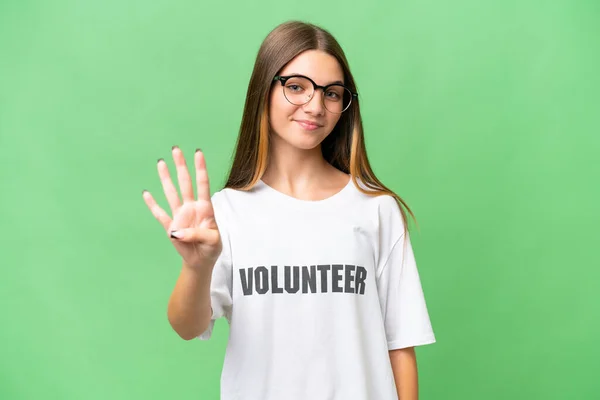 Teenager Volunteer Caucasian Girl Isolated Background Happy Counting Four Fingers — Stock Photo, Image