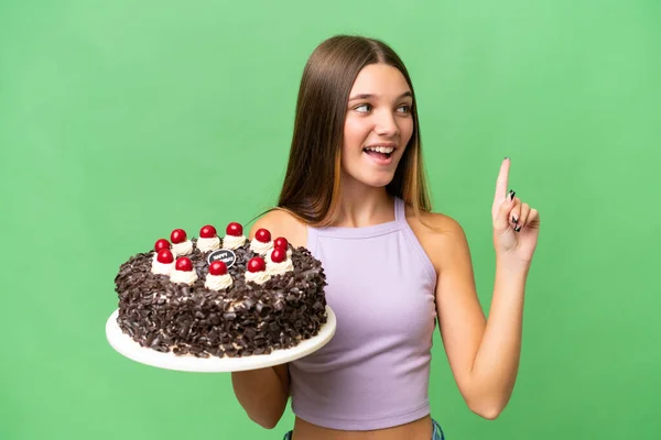 Adolescente Caucasiano Menina Segurando Bolo Aniversário Sobre Fundo Isolado Com — Fotografia de Stock