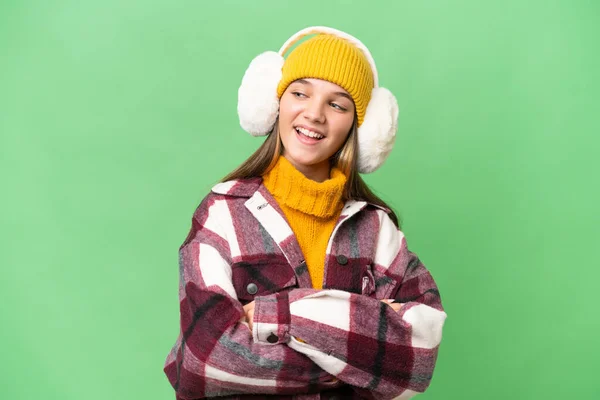 Adolescente Caucásico Chica Usando Invierno Muffs Sobre Aislado Fondo Feliz — Foto de Stock