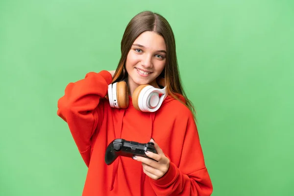 Adolescente Chica Caucásica Jugando Con Controlador Videojuegos Sobre Fondo Aislado —  Fotos de Stock