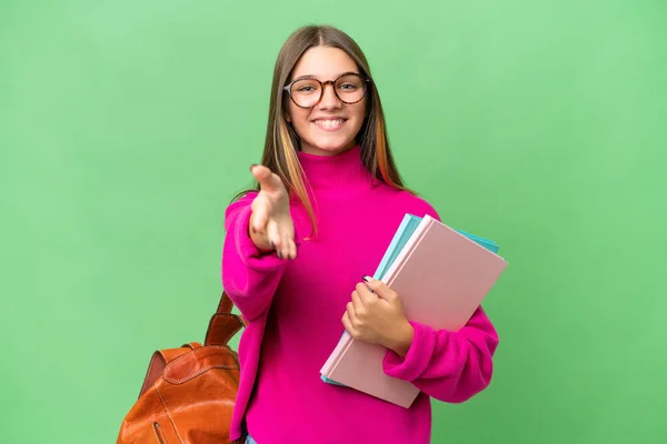 Teenager Student Caucasian Girl Isolated Background Shaking Hands Closing Good — Stock Photo, Image