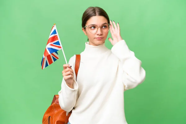 Tonåring Student Kaukasiska Flicka Som Håller Brittisk Flagga Över Isolerade — Stockfoto