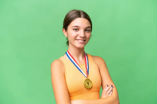 Teenager Caucasian Girl Medals Isolated Background Arms Crossed Looking Forward — Stock Photo, Image