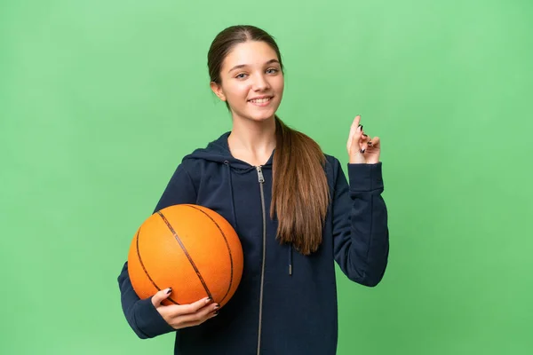 Adolescente Caucasiano Menina Jogando Basquete Sobre Fundo Isolado Mostrando Levantando — Fotografia de Stock