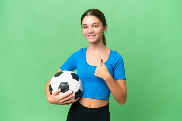 Adolescente Caucásico Chica Jugando Fútbol Sobre Aislado Fondo Con Pulgares — Foto de Stock