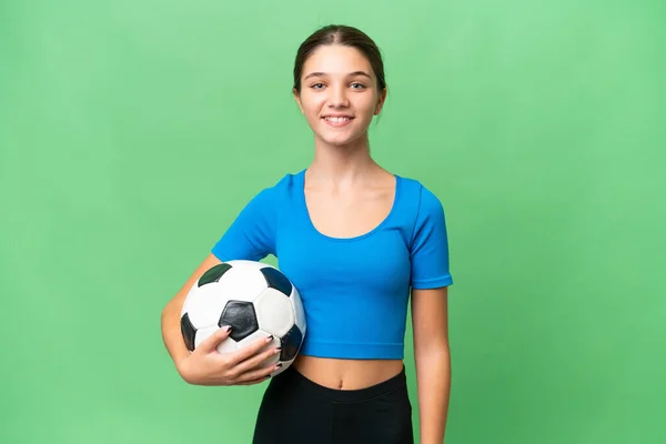Teenager Caucasian Girl Playing Football Isolated Background Smiling Lot — Stock Photo, Image