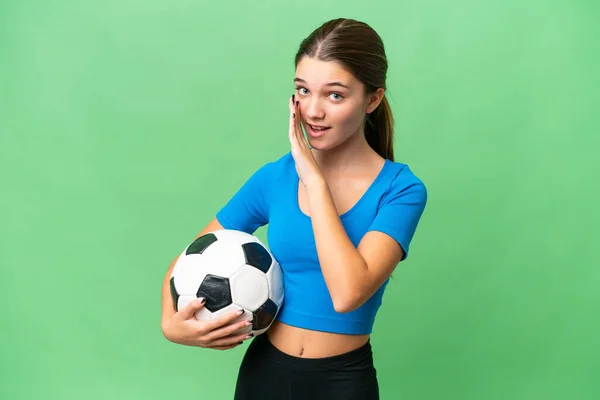 Teenager Caucasian Girl Playing Football Isolated Background Whispering Something — Stock Photo, Image