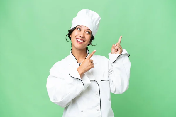 Giovane Chef Donna Argentina Sfondo Isolato Che Punta Con Indice — Foto Stock