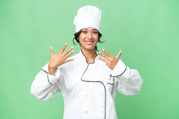 Giovane Chef Donna Argentina Sfondo Isolato Contando Nove Con Dita — Foto Stock