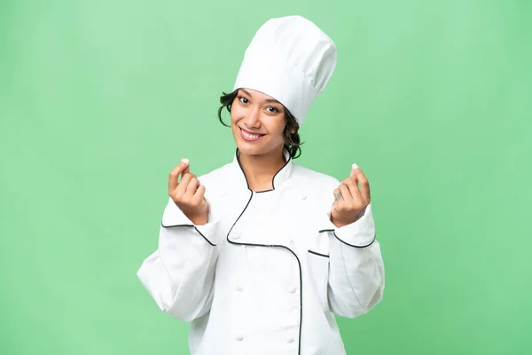 Giovane Chef Argentino Donna Sfondo Isolato Fare Soldi Gesto — Foto Stock