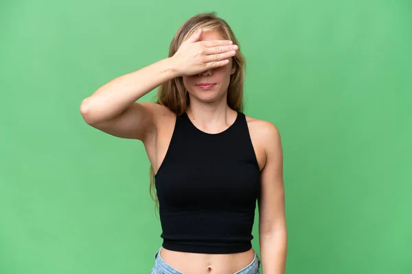 Ung Blond Kvinna Över Isolerad Bakgrund Täcker Ögon Med Händer — Stockfoto