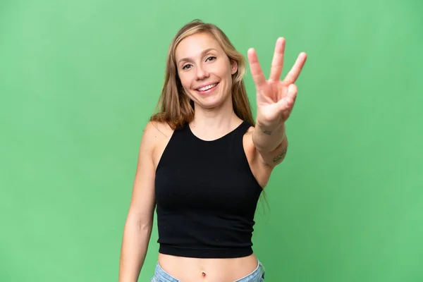 Mladá Blondýna Žena Přes Izolované Pozadí Šťastný Počítání Tři Prsty — Stock fotografie